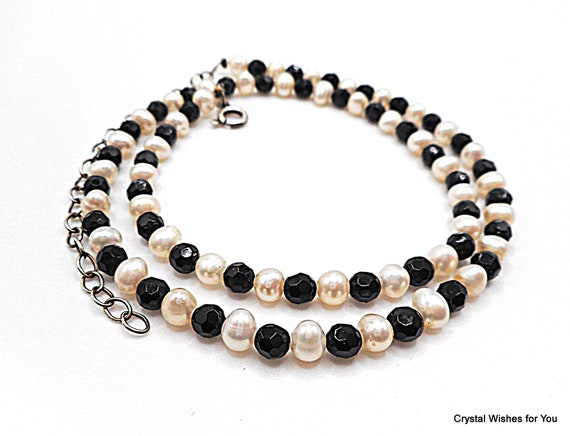 Black Onyx White Freshwater Pearl Bead Necklace 925 Sterling 15"-18" Adj