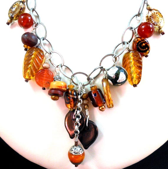 Art Glass Beaded Bauble Charm Necklace - 925 Sterling Silver - Nature-Inspired Autumn Colors