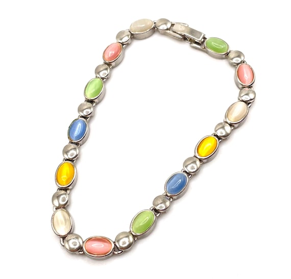 Premier Designs Pastel Cat's Eye Glass Cab Link Bracelet Silver Plated