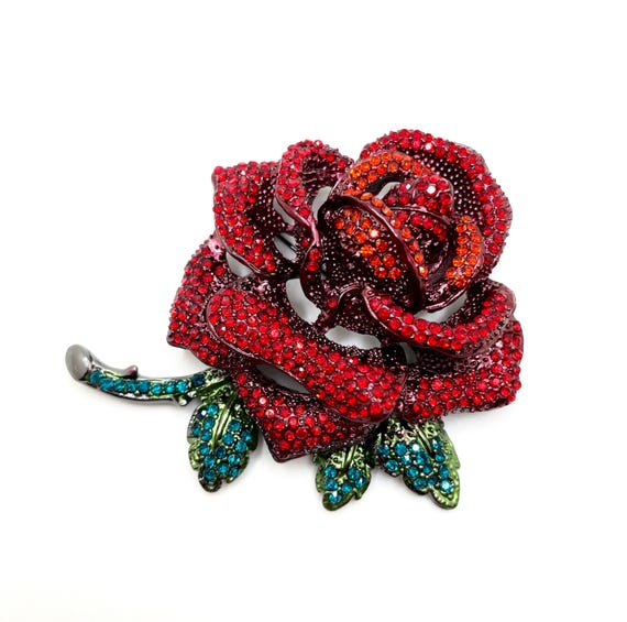 Large Pave Rhinestone Enamel Rose Brooch – Red, Orange, Green | Gunmetal Finish Flower Pin | Statement Floral Jewelry or DIY Craft Supply