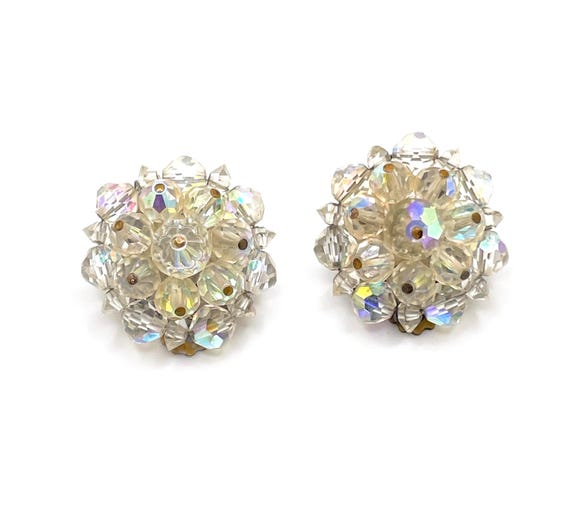 Vintage Laguna Aurora Borealis Crystal Clip Earrings, 1950s AB Glass