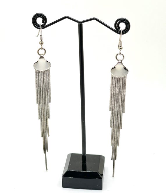 Vintage Serpentine Fringe Dangle Earrings Silver Plated Elegant Sleek Style