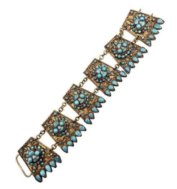 Antique Tibetan Foo Dog Guardian Lion Turquoise Glass Gilt Brass Panel Bracelet Artisan Crafted