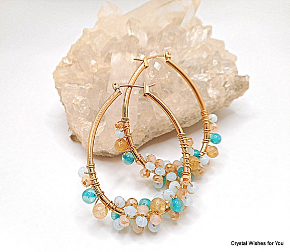 Beaded Oval Hoop Dangle Earrings -  Semi-Precious Stones, Assorted Beads - Gold Tone - Handmade