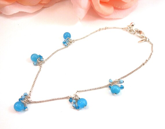 Beaded Bauble Ankle Bracelet Blue Cat's Eye Glass Bead Signed AVON