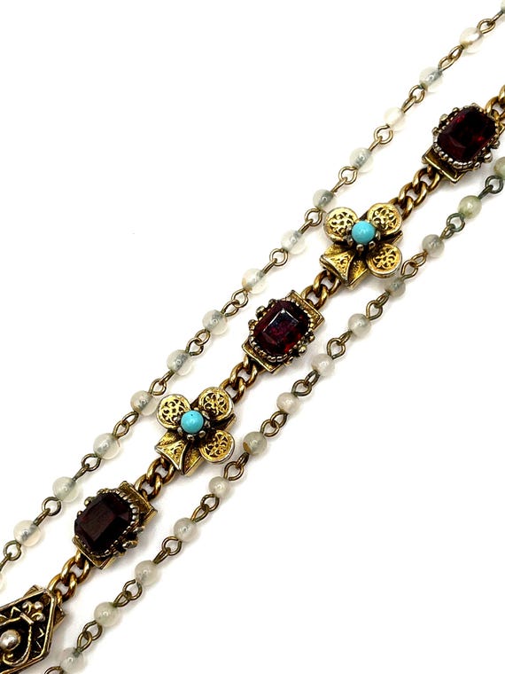 Vintage Victorian Revival Triple Strand Bracelet Faux Garnet Turquoise Moonglow Glass Beads