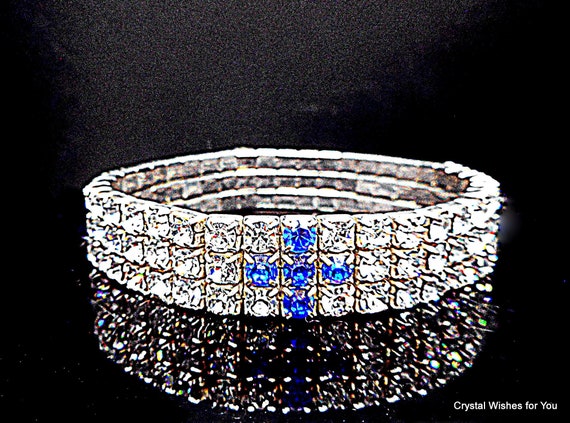 Rhinestone Stretch Bracelet Blue Cross Pattern 3 Row One Size
