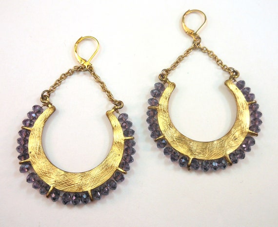 Amethyst Beaded Hoop Earrings 14K Gold Plated Lev… - image 1