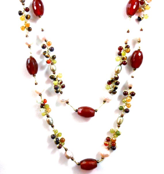 Multi-Gemstone Pearl Necklace Hand Knotted 925 Sterling Clasp 24"L