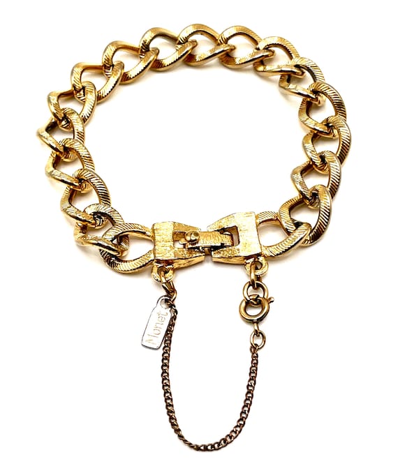 Vintage Monet Gold Plated Chunky Curb Link Bracelet w/ Safety Chain Signed Designer Jewelry