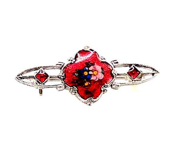 Vintage 1928 Red Guilloché Enamel Floral Bar Pin – Victorian Silver Brooch