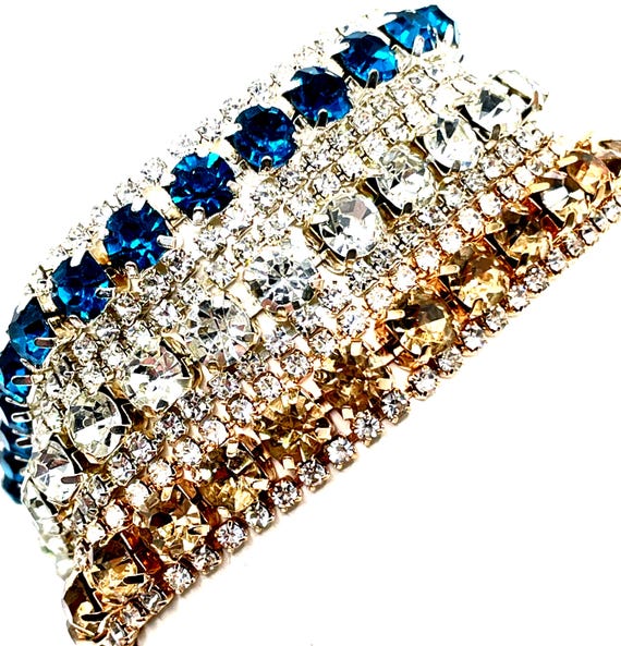 Vintage Rhinestone Tennis Bracelet 3 Rows Choice of Color