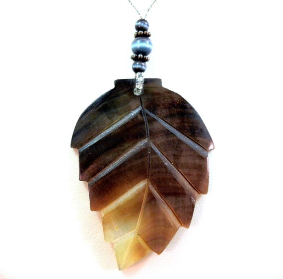 Carved Mother of Pearl Leaf Pendant Necklace – Cat's Eye Beads & Sterling Silver – 17" Handmade