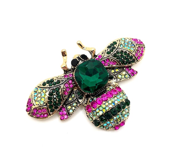 Jeweled Bumble Bee Brooch with Multi-Color Rhinestones in Gold Tone Metal