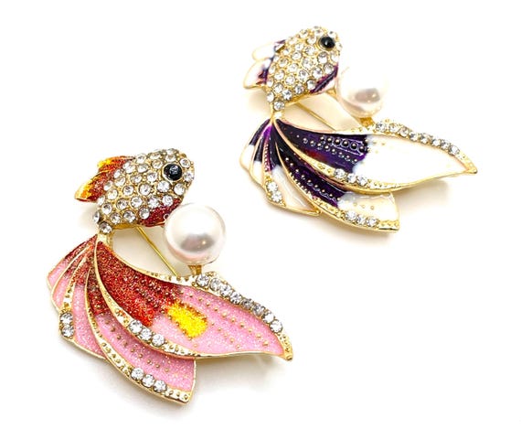 Clear Rhinestone Koi Fish Brooch Pendant | Glitter Enamel | Gold Tone Metal | Faux Pearl Accent | DIY Craft Supply | Choice of Color