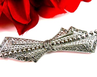 Vintage Art Deco Style Bow Ribbon Brooch – 1928 Jewelry, Marcasite Look, Retired Design