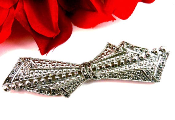 Vintage Art Deco Style Bow Ribbon Brooch – 1928 Jewelry, Marcasite Look, Retired Design