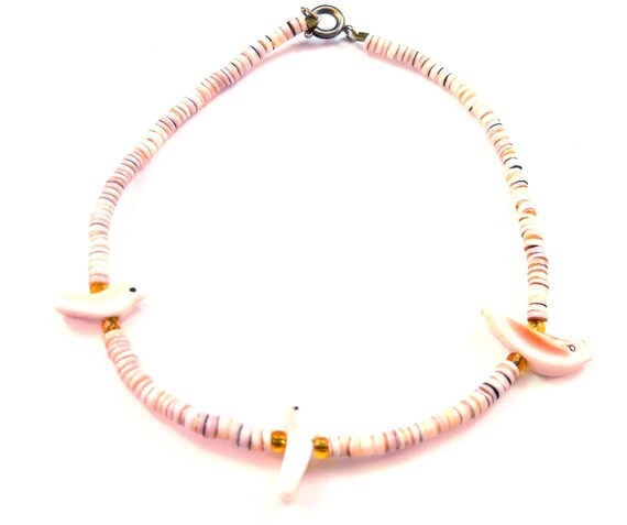 Handmade Bird Fetish Ankle Bracelet - Carved Melon Shell Birds, Heishi Beads - Excellent Condition