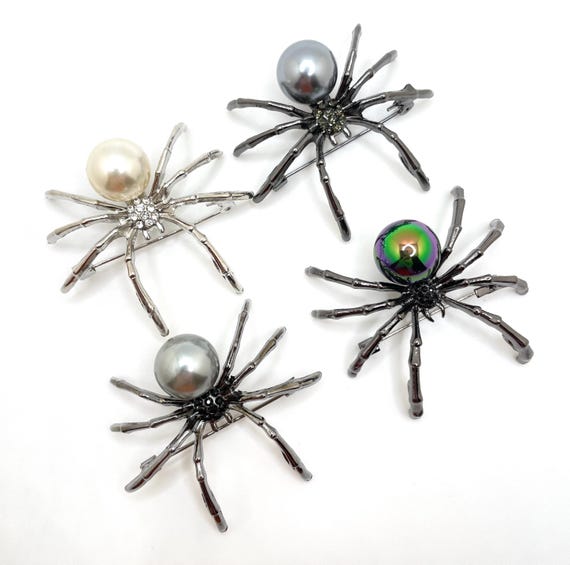Gunmetal Spider Brooch: Faux Pearl, Rhinestone Gothic Halloween Jewelry