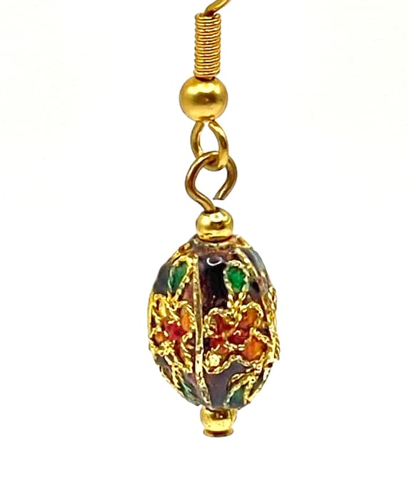 Vintage Cloisonné Dangle Earrings, Handmade Floral Cloisonné Bead Gold Plated 1960s