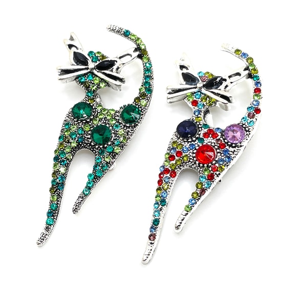 Rhinestone Cat Brooch Pendant: Silver Tone, Black Eyes - 3"