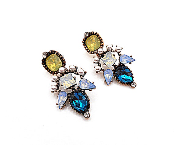 Multi Color Rhinestone Pearl Dangle Earrings Studded