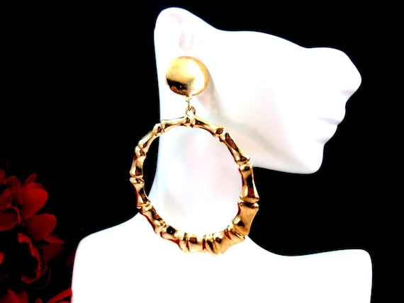 Bamboo Style Gold Tone Hoop Statement Dangle Earrings 1980's