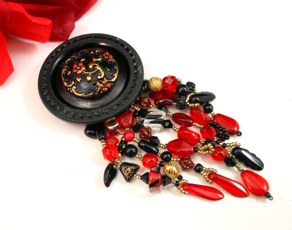 Handmade Round Button Beaded Tassel Fringed Brooch Pin