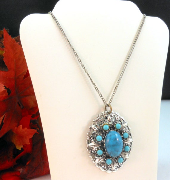 Southwest Style Ornate Pendant Necklace - Faux Turquoise Stones, Lucite - Silver Tone - Circa 1960's