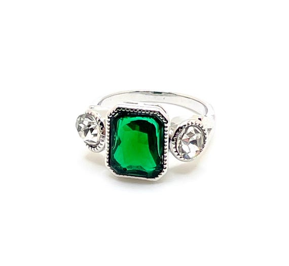 Art Deco Emerald Cut CZ Ring: Silver Plated, Size 8