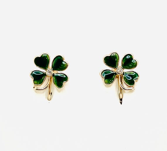 Vintage Green Enamel Rhinestone Shamrock Earrings – Lucky 4 Leaf Clover – Gold Tone Screw Back – Mid Century (1950s)