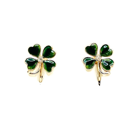 Vintage Green Enamel Shamrock Earrings: Gold Tone Rhinestone Clover, 1950s