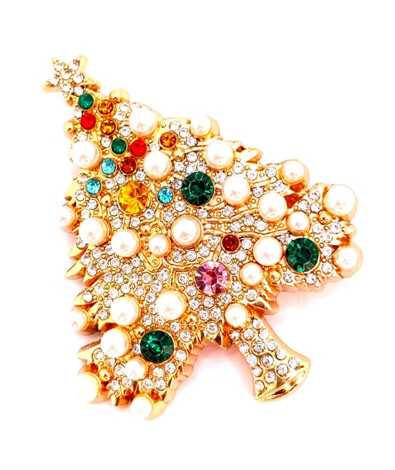 Chunky Jeweled Christmas Tree Brooch – Multi-Color Rhinestones, Faux Pearls, Gold Tone Metal