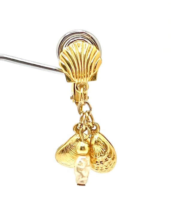 Vintage Napier Gold-Plated Seashell Dangle Drop Clip-On Earrings