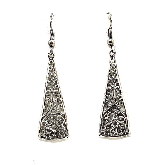 Vintage Art Deco Style Silver Filigree Dangle Earrings