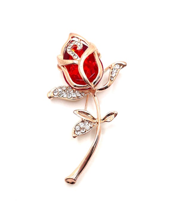 Red Jeweled Rose Brooch Pendant – Rose Gold Tone Stem Pin with Clear Rhinestones, Teardrop Gem Bud – Elegant Floral Jewelry or DIY Supply