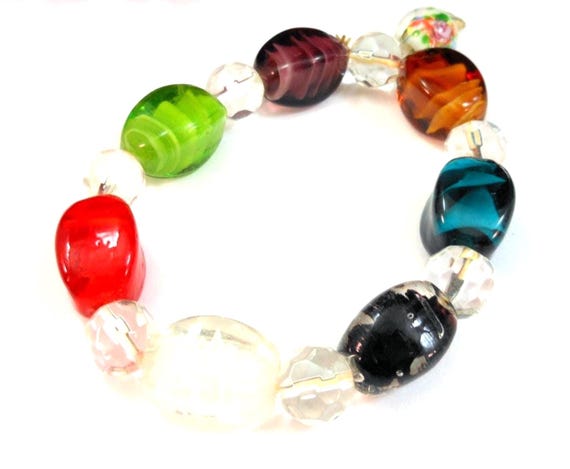 Chunky Multicolor Lampwork Glass Bead Bracelet – Handmade – 6.25" Unstretched – Bold Statement Jewelry