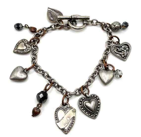 Handmade Silver Tone & Copper Heart Charm Toggle Bracelet