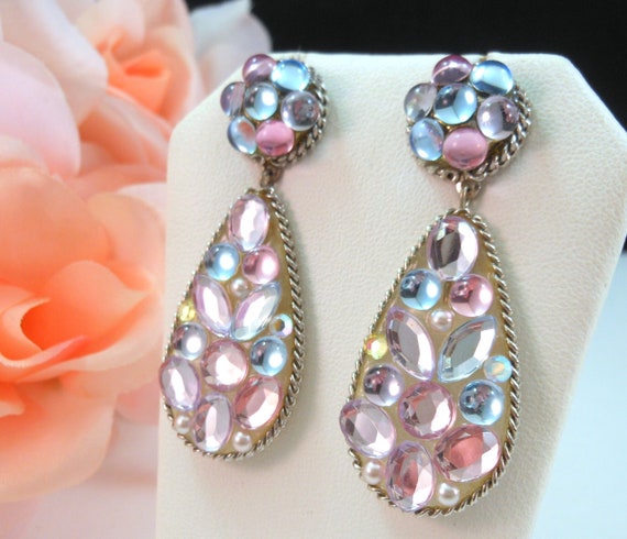 Rhinestone Statement Earrings - Dangle Drop - Multi Color - Pastel Stones - Studded
