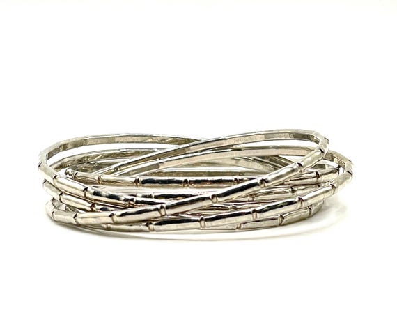Silver Tone Bamboo Bangle Bracelet Set, 6 Intertwined Stacking Bangles, Boho Statement Jewelry