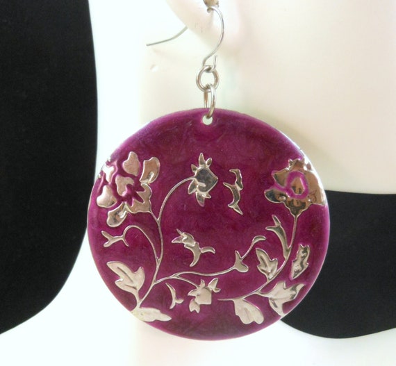Floral Embossed ~ Purple Enamel ~ Round Metal ~ Statement ~ Dangle Earrings