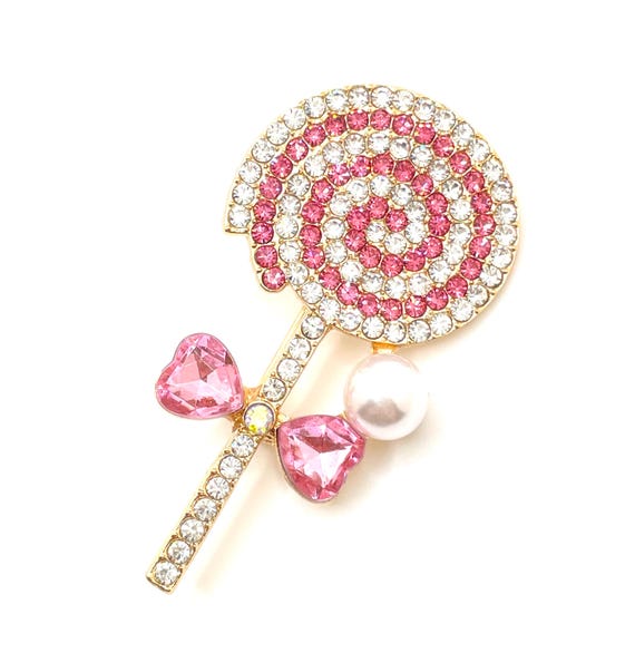 Whimsical Rhinestone Candy Swirl "Lollipop" Brooch – Pink & Clear with Faux Pearl Accent