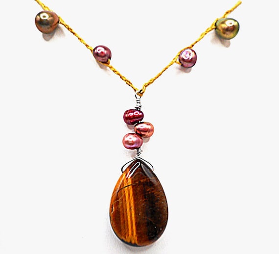 Tiger's Eye Teardrop Pendant Pearl Bead Necklace Handmade 15.5"L