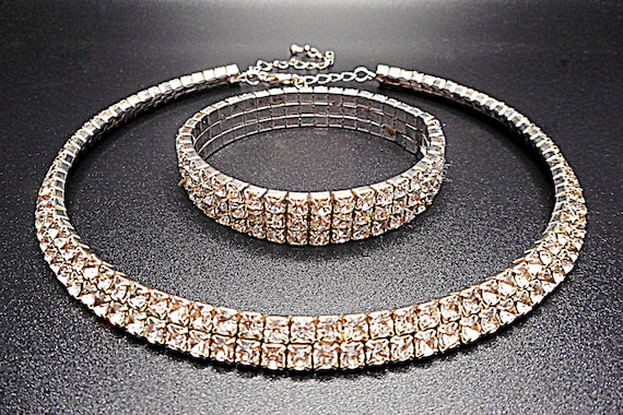 Sparkly Rhinestone Choker Collar Necklace and Bracelet Set, Clear Glass Rhinestones, Silver Tone, Adjustable