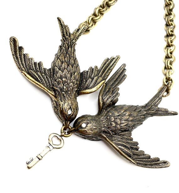 Vintage Fossil Swallow Birds & Skeleton Key Statement Necklace