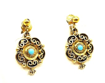 Victorian Revival Filigree Dangle Earrings – Faux Turquoise – Gold Tone Heart Scroll Design – Clip On