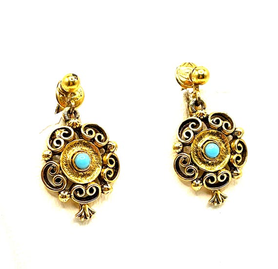 Victorian Revival Filigree Dangle Earrings – Faux Turquoise – Gold Tone Heart Scroll Design – Clip On