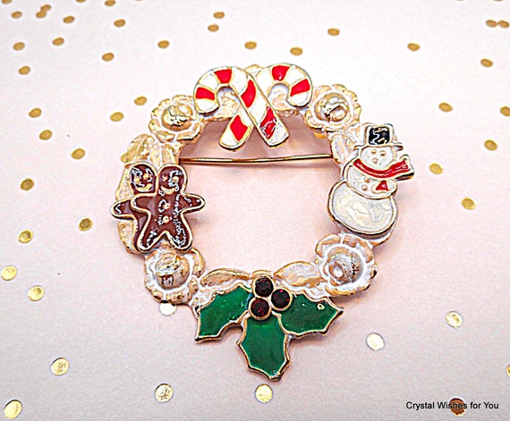 Christmas Wreath Brooch Pin - Enamel with Candy Canes, Gingerbread Men, Snowman, and Holly Motif