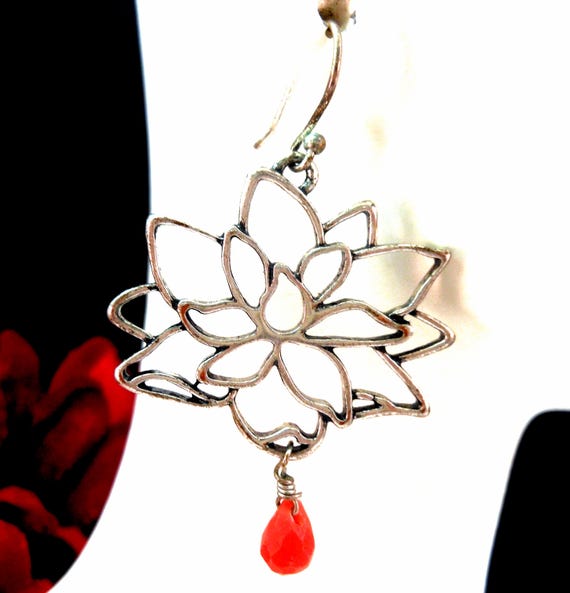 Lotus Flower Dangle Drop Briolette Earrings Open Work Silver Tone Wire Hooks 2"L
