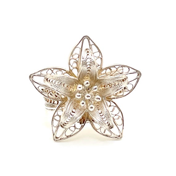 Vintage Sterling Silver Lacy Filigree Flower Statement Ring – Size 7 – Marked 925